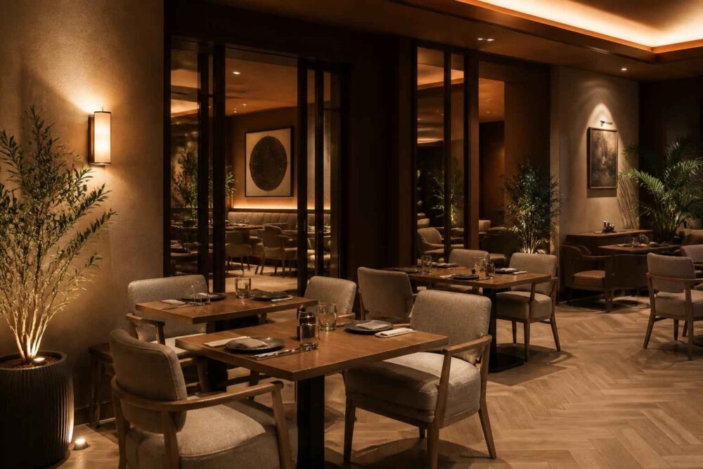 Przytulne wnętrze restauracji z nakrytymi stołami, roślinami i ciepłym oświetleniem