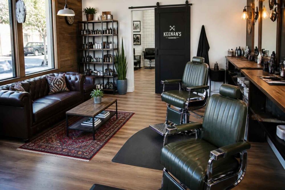 Wnętrze salonu barberskiego z zielonymi fotelami, skórzaną sofą i drewnianym stanowiskiem pracy