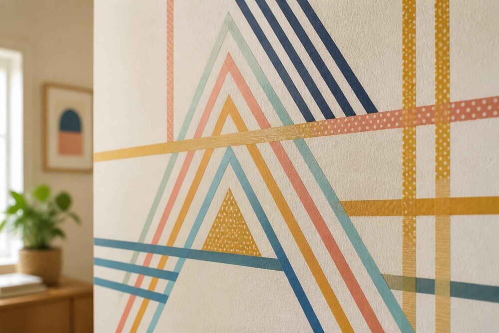 Abstrakcyjny mural z geometrycznymi liniami i trójkątami w pastelowych kolorach na ścianie wnętrza