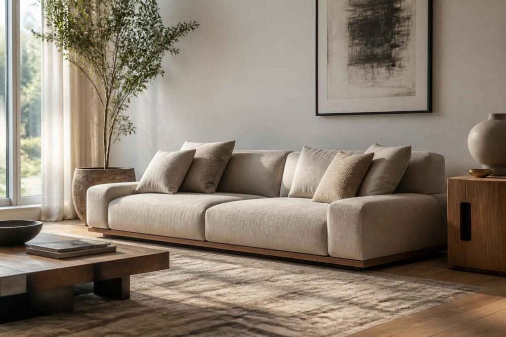 Jasna sofa z poduszkami, drewniana ława i wysoka roślina przy oknie w eleganckim salonie