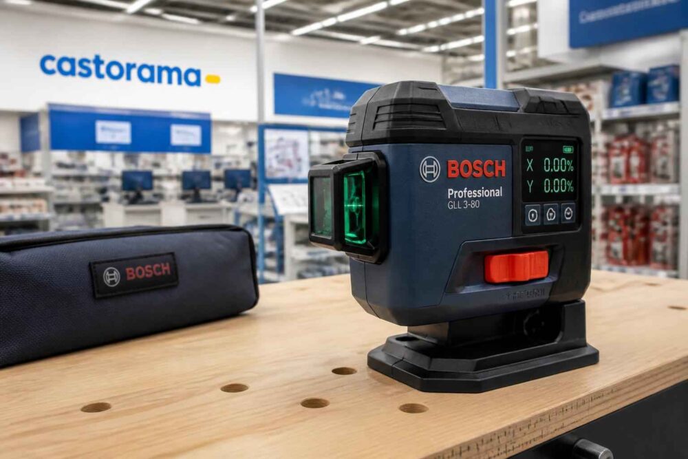 Laser krzyżowy Bosch Professional z walizką na drewnianym blacie w sklepie Castorama