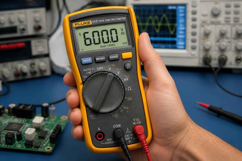 Ręka trzyma multimetr Fluke wskazujący 6,000 V na tle sprzętu laboratoryjnego i płytki elektronicznej