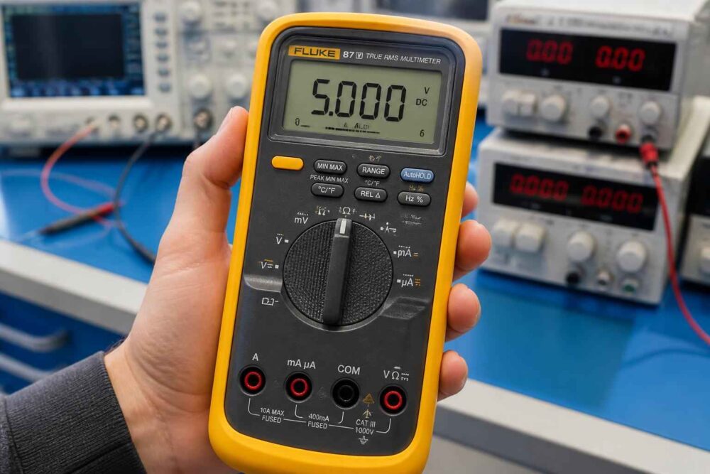 Ręka trzyma żółty multimetr Fluke wskazujący 5,000 V w laboratorium elektronicznym