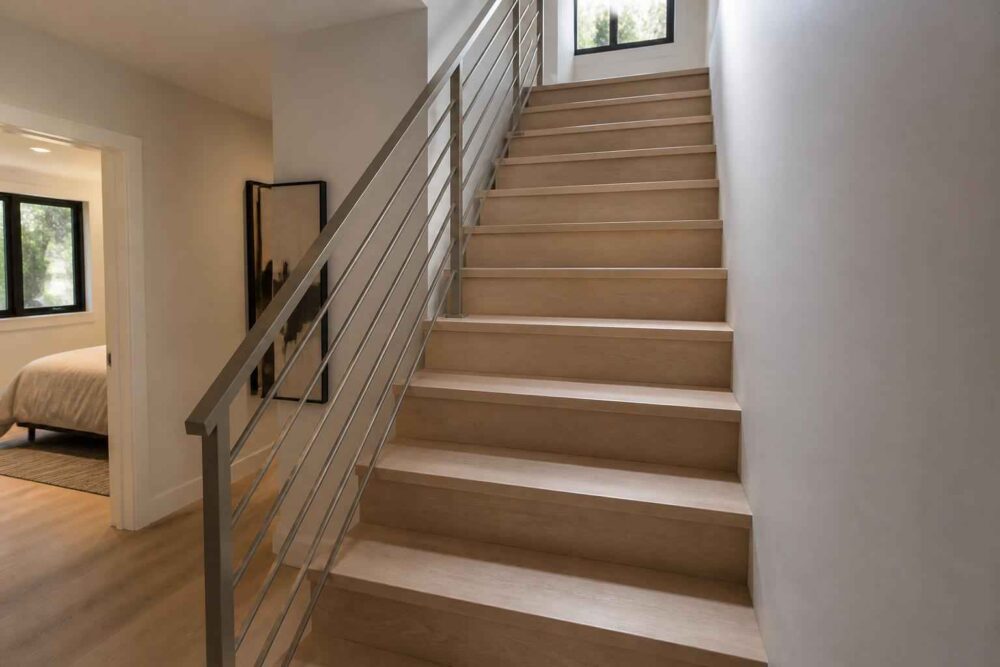 Drewniane schody z metalową balustradą prowadzące na piętro domu@endsection