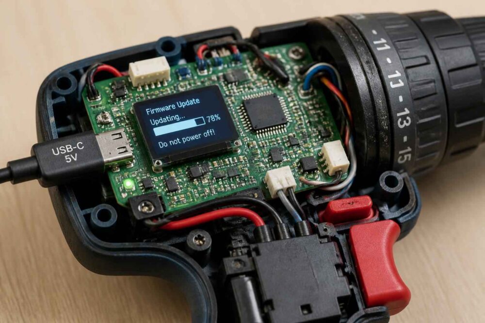Otwarta wkrętarka z płytką elektroniczną, ekranem aktualizacji oprogramowania i podłączonym przewodem USB-C