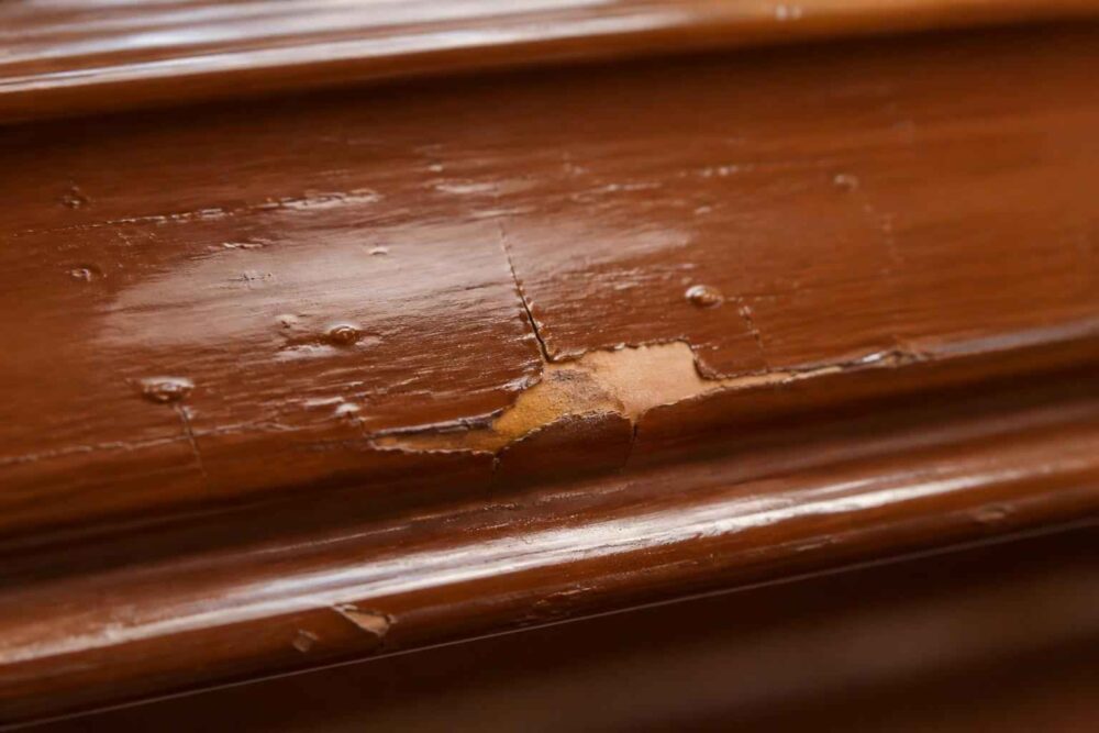 Zbliżenie na pęknięty i odpryskujący lakier na ciemnobrązowym drewnie