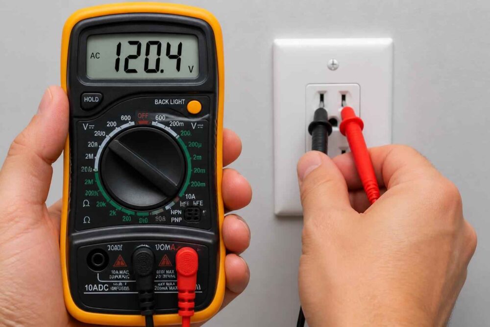 Multimetr wskazuje 120,4 V podczas pomiaru napięcia w gniazdku elektrycznym