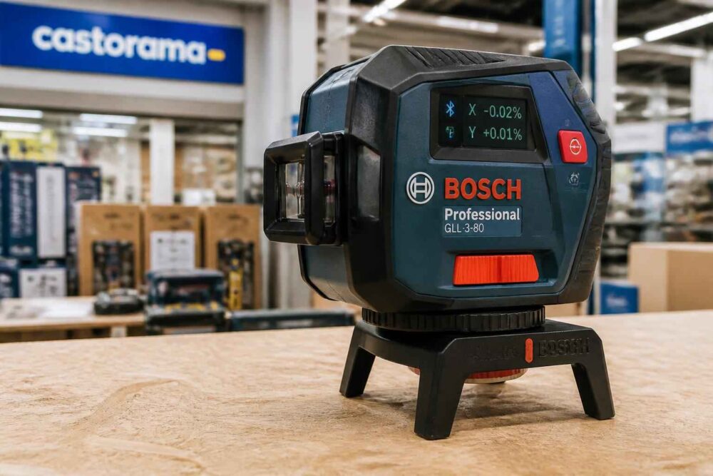 Poziomica laserowa Bosch Professional stojąca na drewnianym blacie w sklepie Castorama