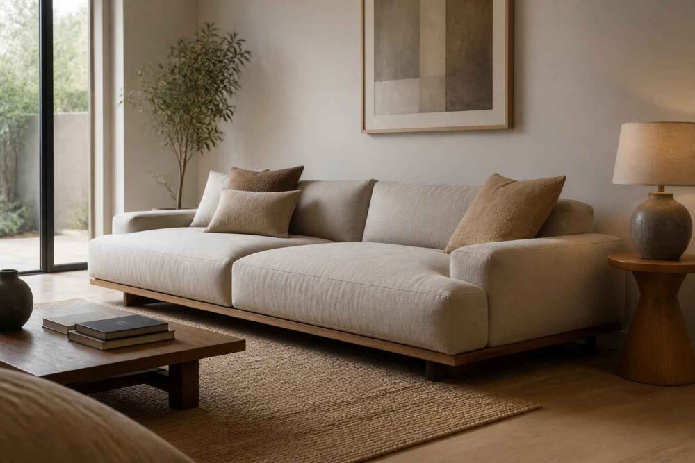 Beżowa sofa, drewniany stolik i lampa w jasnym, eleganckim salonie