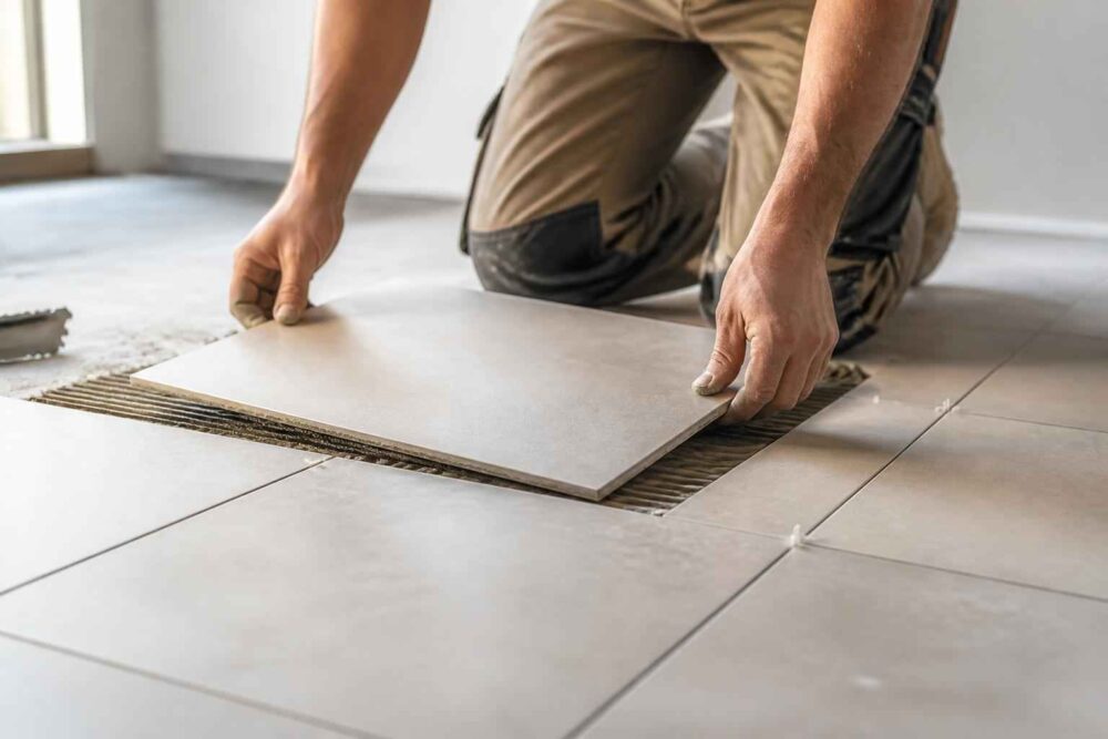 Fachowiec układa dużą płytkę ceramiczną na przygotowanej zaprawie podłogowej
