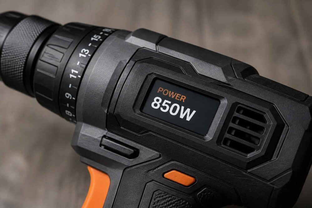 Zbliżenie czarno-pomarańczowej wiertarko-wkrętarki z pierścieniem regulacji momentu i oznaczeniem POWER 850W