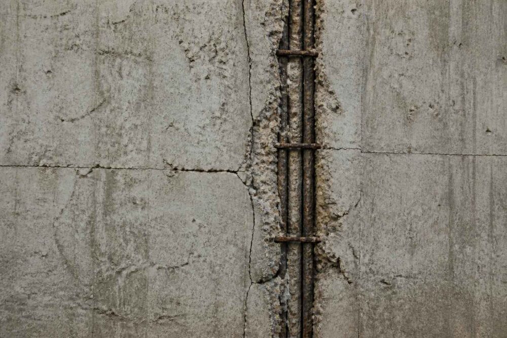Odsłonięte stalowe pręty zbrojeniowe w pękniętej betonowej ścianie